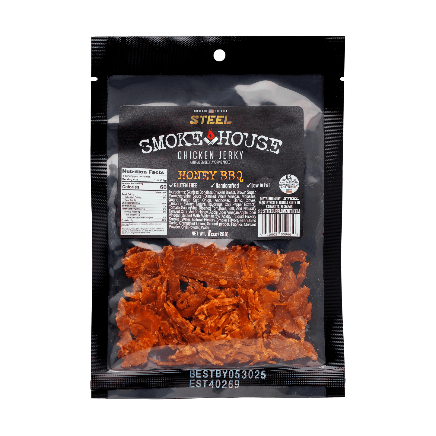 Steel Supplements Jerky Honey BBQ 1 oz. Steel Smokehouse Chicken Jerky