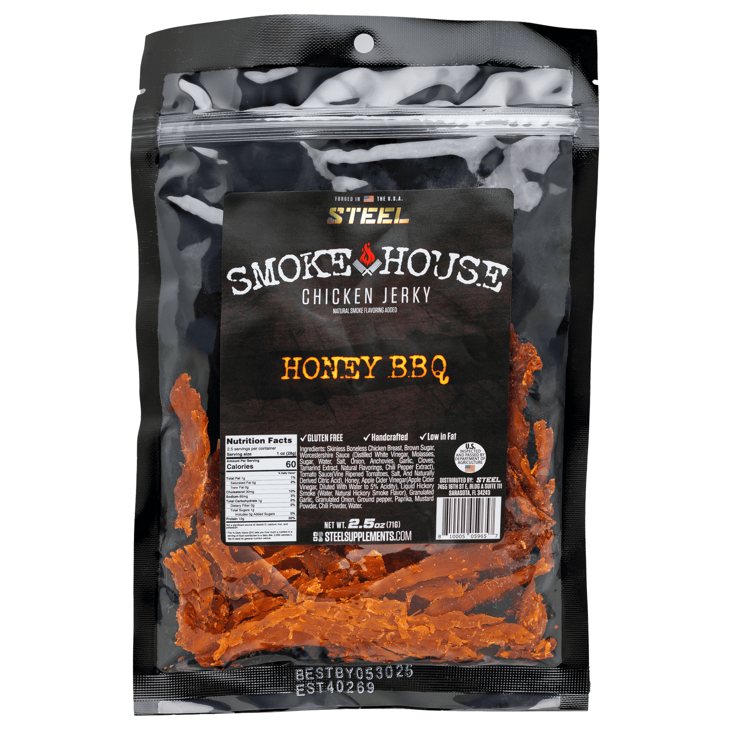 Steel Supplements Jerky Honey BBQ 2.5 oz. Steel Smokehouse Chicken Jerky