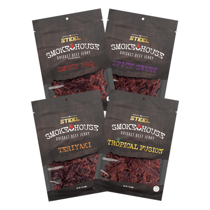 Steel Supplements Jerky 1 oz. Smoky/Spicy Sweet/Teriyaki/Tropical Fusion Variety Pack - Brisket Beef Jerky